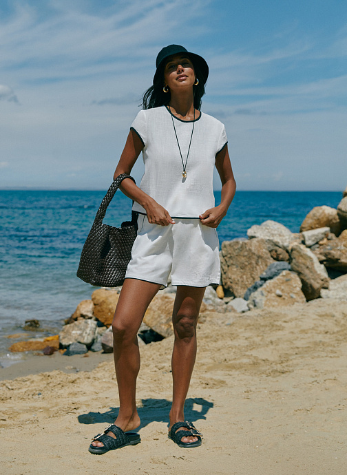 Белый хлопковый комплект с черной окантовкой - 2505-2/29