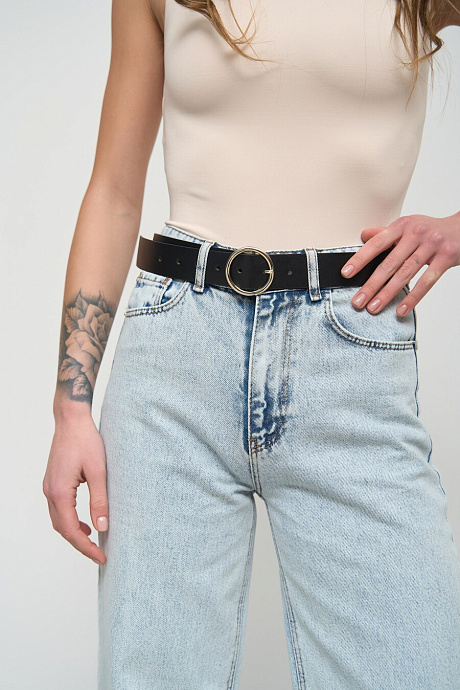 Черный ремень с круглой золотой пряжкой - 1140-2