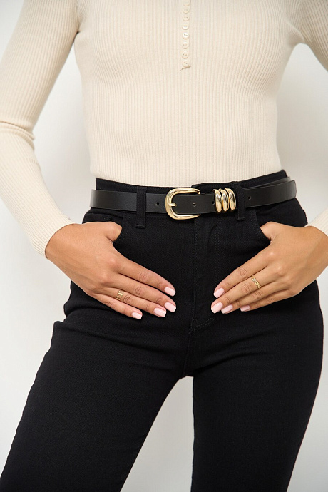 Черный ремень с тройной золотой шлёвкой  - 1141-2