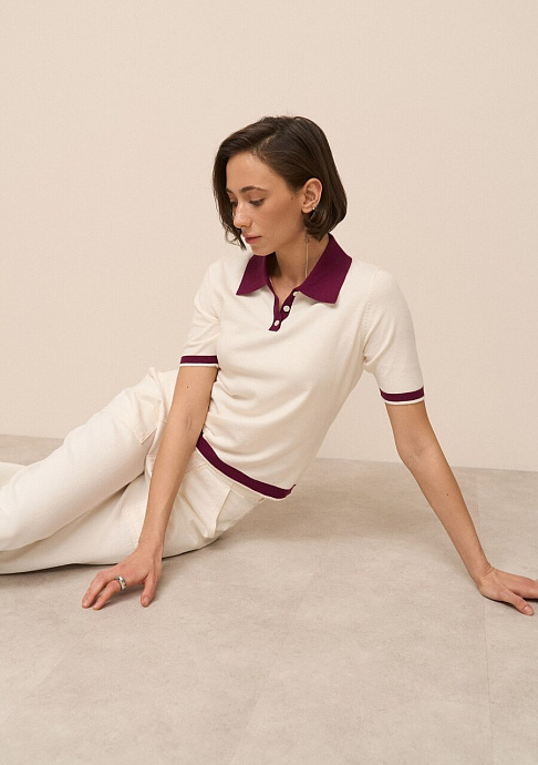 Джемпер-поло с контрастным воротником, burgundy - 2211-254/057