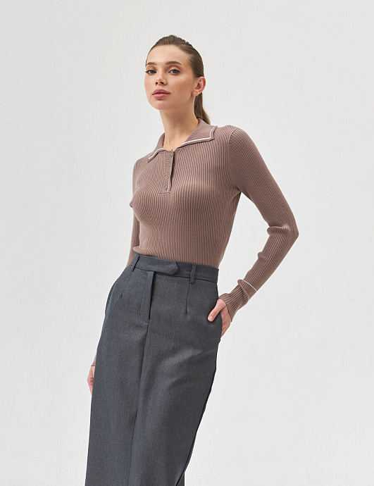 Джемпер поло в цвете chocolate в молочную полоску  - 2109-247/037