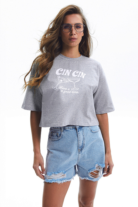 Футболка з принтом "Cin Cin" в кольорі grey - 3508-19