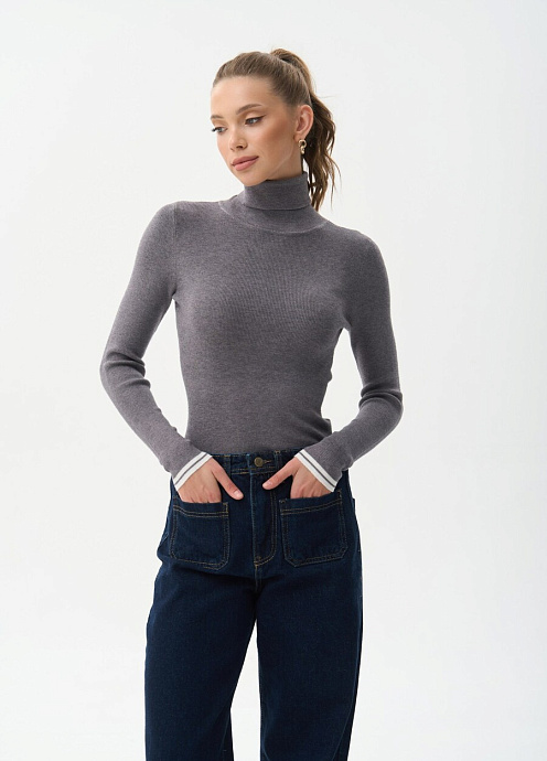 Водолазка серая c молочной полоской на рукавах - 2402-026/037